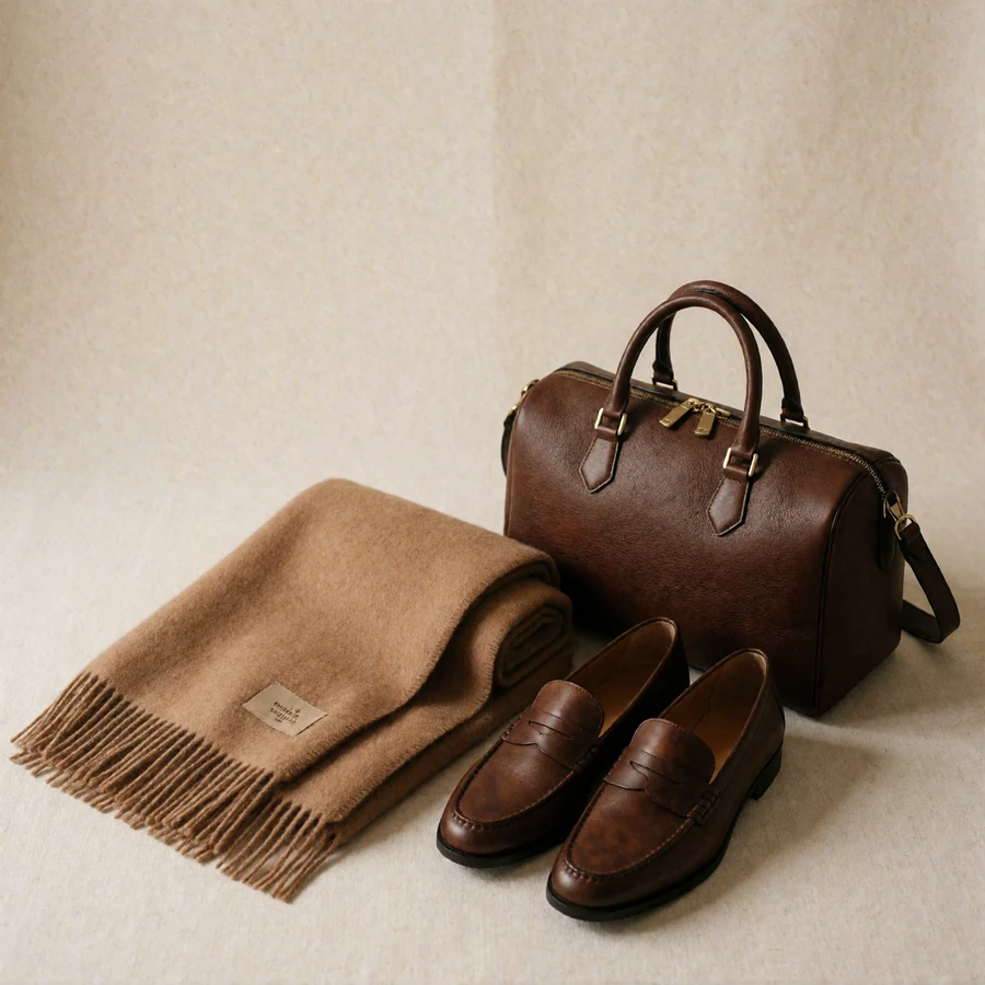 Folded cashmere travel wrap, leather weekend bag and loafers arranged on linen
