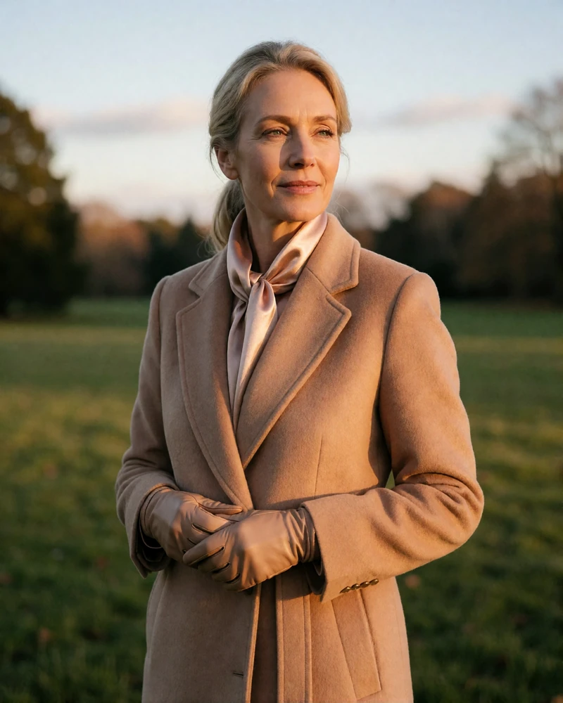 Poised woman in a camel wool coat standing on a country estate lawn at golden hour