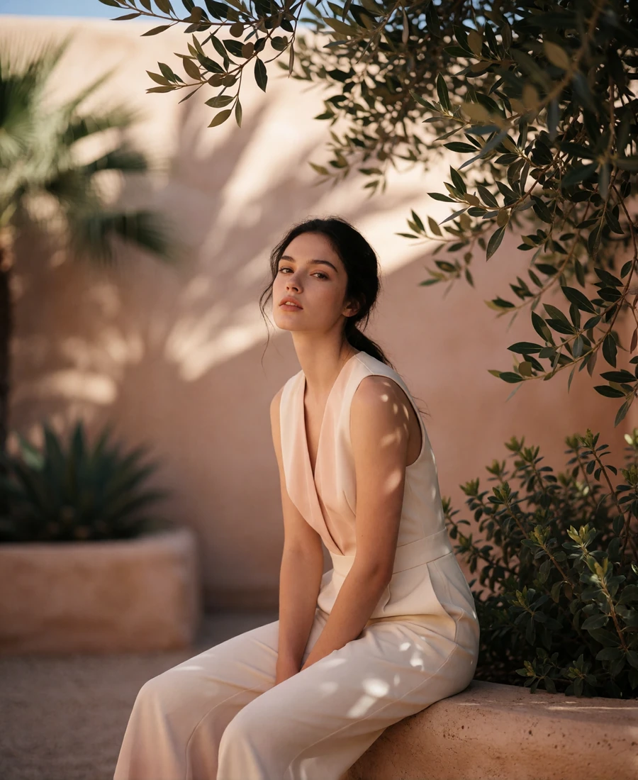 Young woman with dark hair seated in a sunlit stucco courtyard in Los Angeles