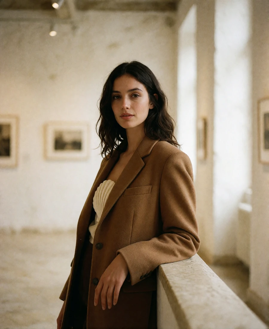 Poised woman in a camel wool blazer inside a bright limestone gallery space in San Antonio