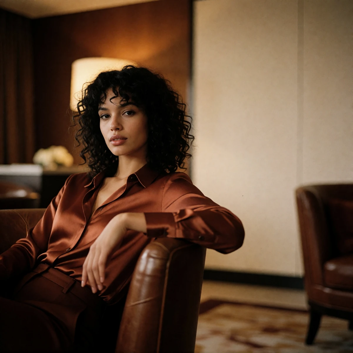 Woman in a burnt sienna satin blouse seated in a leather armchair at an upscale Houston hotel lounge