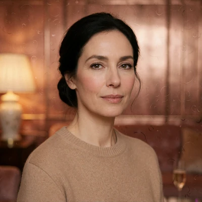 Portrait of a composed woman with dark hair in a low bun in a warmly lit lounge