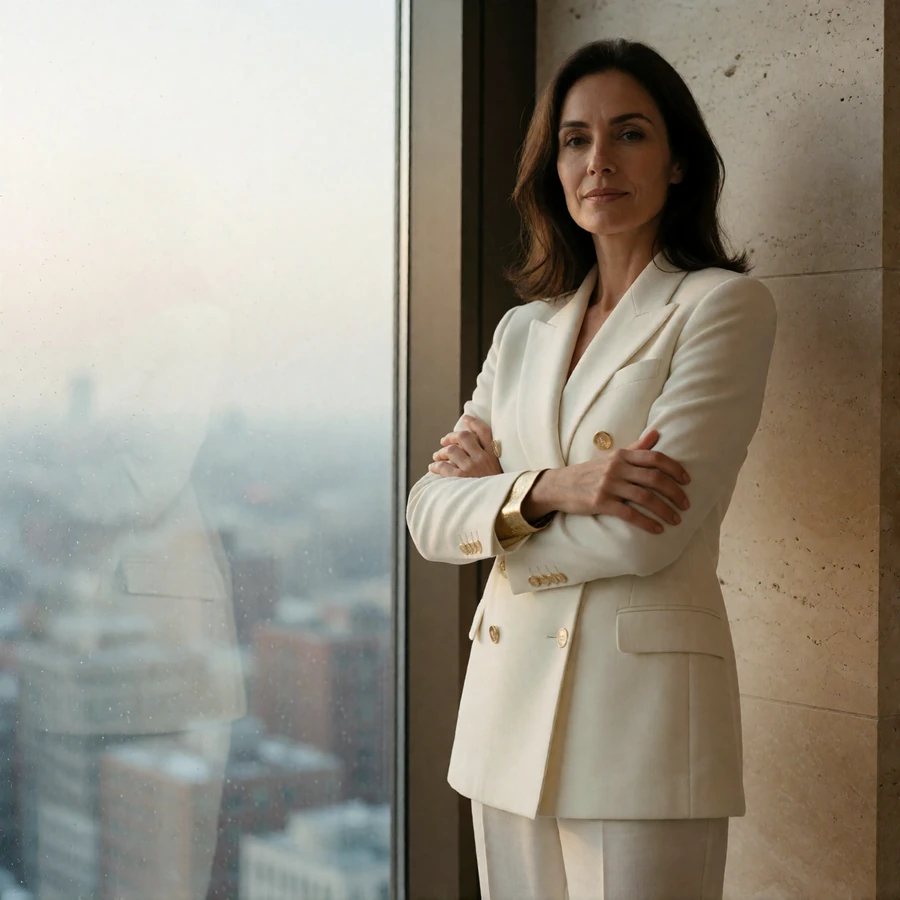 Confident woman in an ivory trouser suit standing at a penthouse window in morning light
