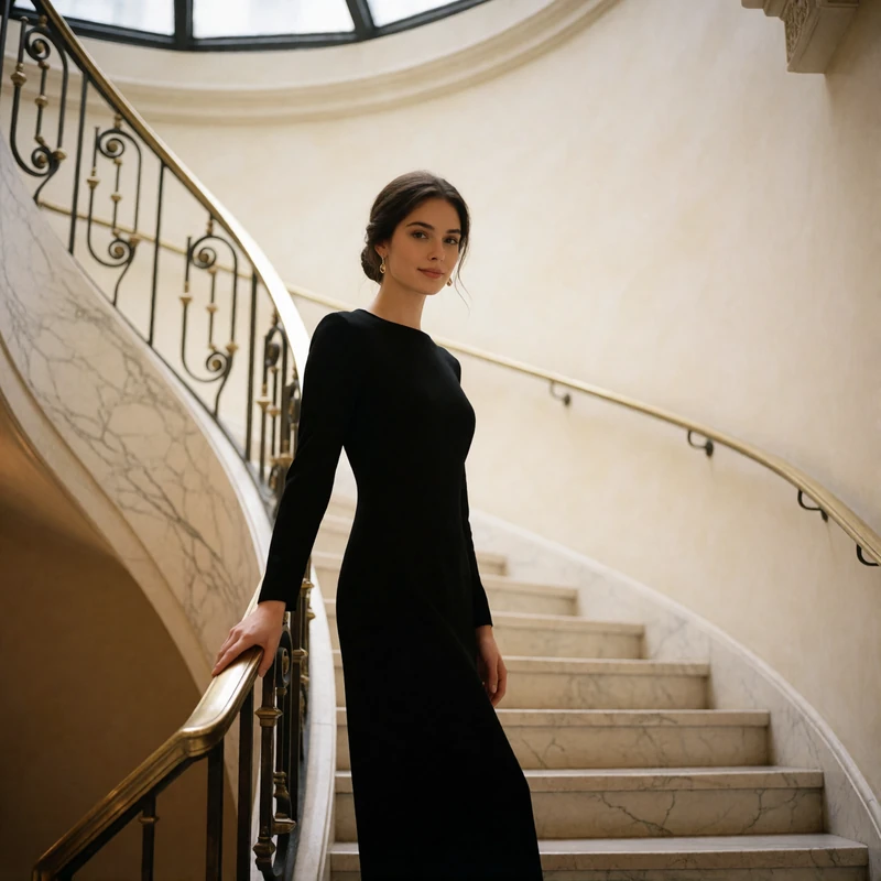 Poised woman in a black column dress pausing on a cream marble hotel staircase