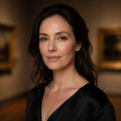 Portrait of an elegant woman with dark hair in a dim gallery interior at dusk