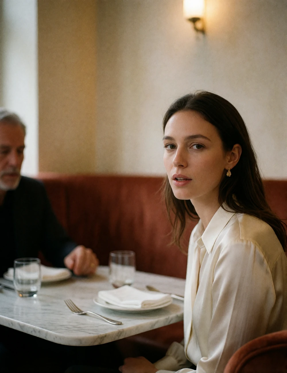 Woman in an ivory silk blouse in mid-conversation across a marble table from an older man softly out of focus in a quiet dining room