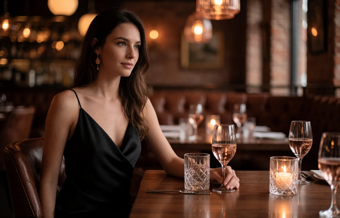 Elegant woman in a black silk dress at a candlelit table in an upscale Dallas steakhouse
