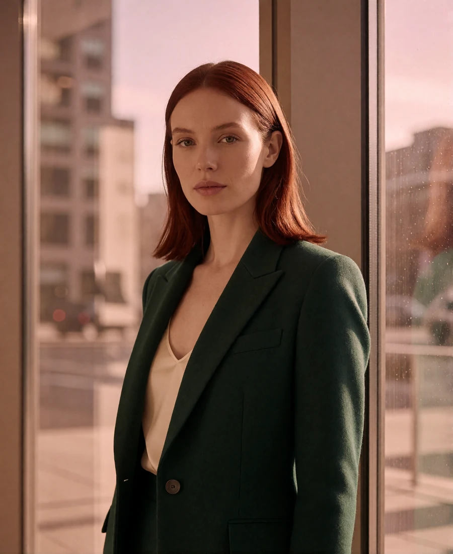 Woman in a tailored green blazer standing beside a window in a downtown Atlanta office lobby