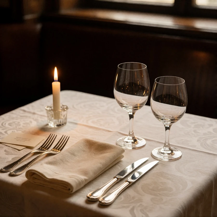 Refined restaurant table setting with crystal glasses and folded ivory linen