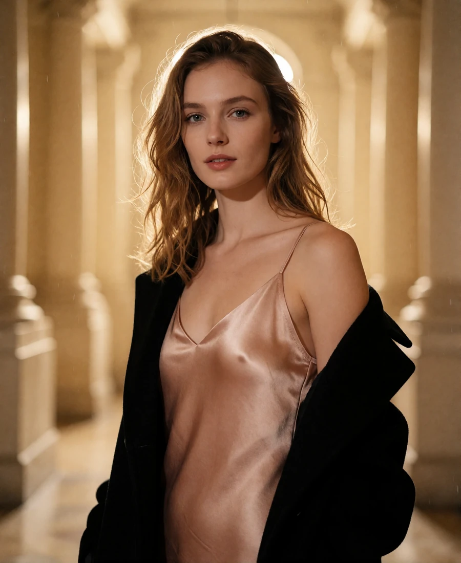 Striking woman with copper wavy hair leaning against a concrete column in a Design District showroom