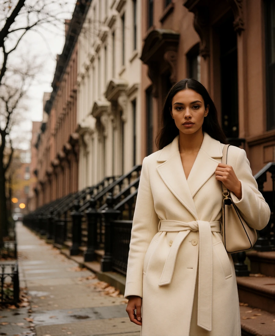 Woman in a cream belted coat standing on a quiet Gold Coast brownstone street in Chicago