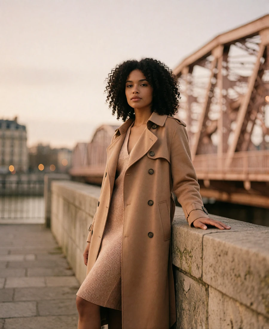 Woman in a camel trench coat standing at a stone riverwalk railing along the Chicago River