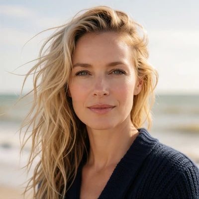 Portrait of a spirited blonde woman against a sunlit open sea horizon