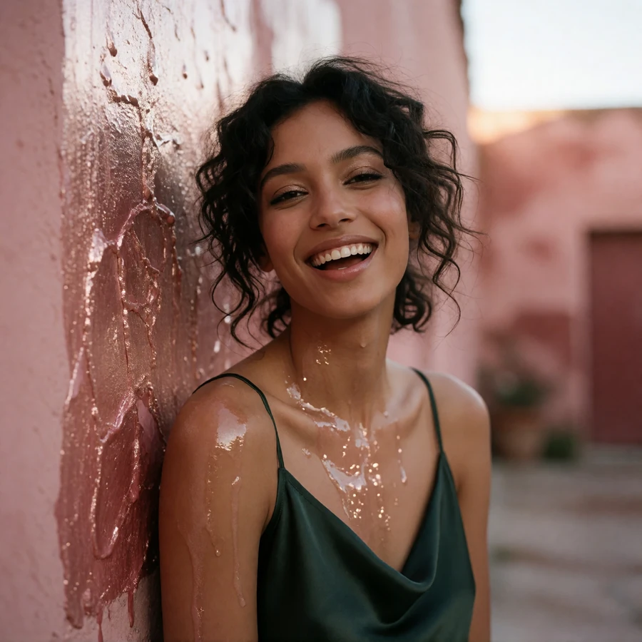 Vivacious woman with dark curls in a painted courtyard in the Southtown arts district of San Antonio