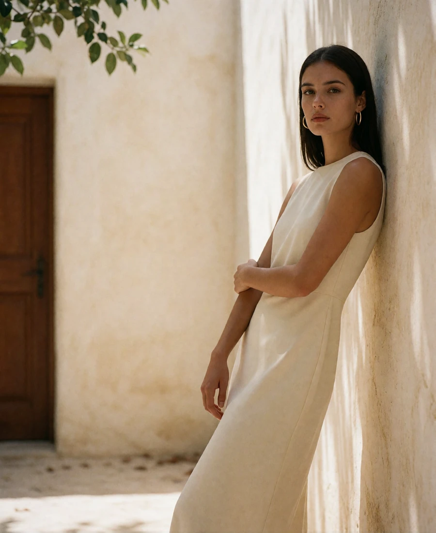 Woman in a cream sleeveless midi dress leaning against a sunlit stucco courtyard wall