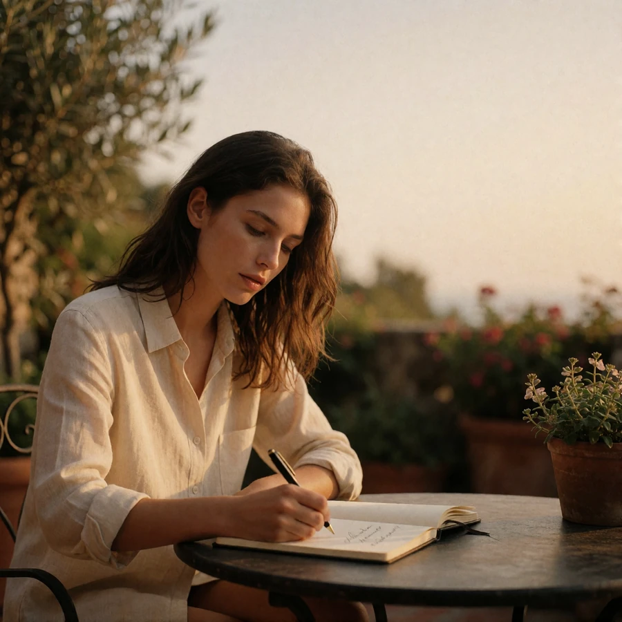 Woman in a cream linen shirt writing in a notebook at a garden terrace table