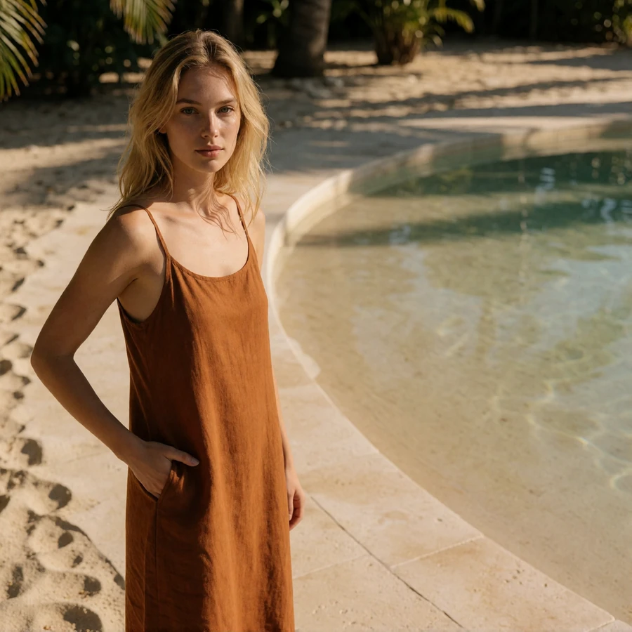 Blonde woman in an ochre linen sundress standing beside a resort pool at golden hour