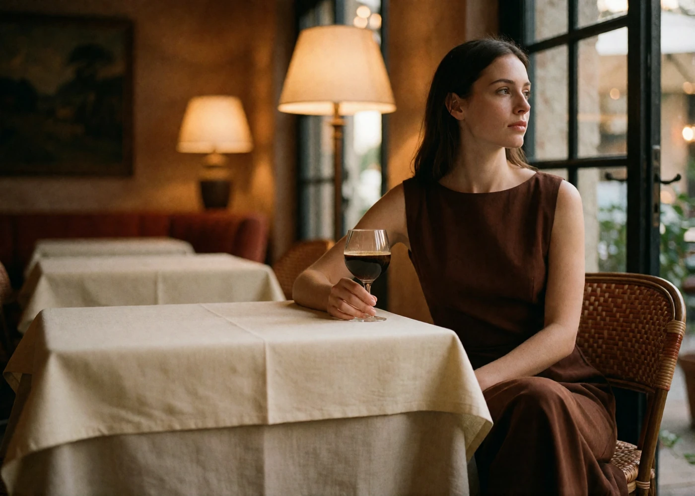 Woman in an espresso-brown dress at a quiet restaurant table near an open window at dusk in Orlando