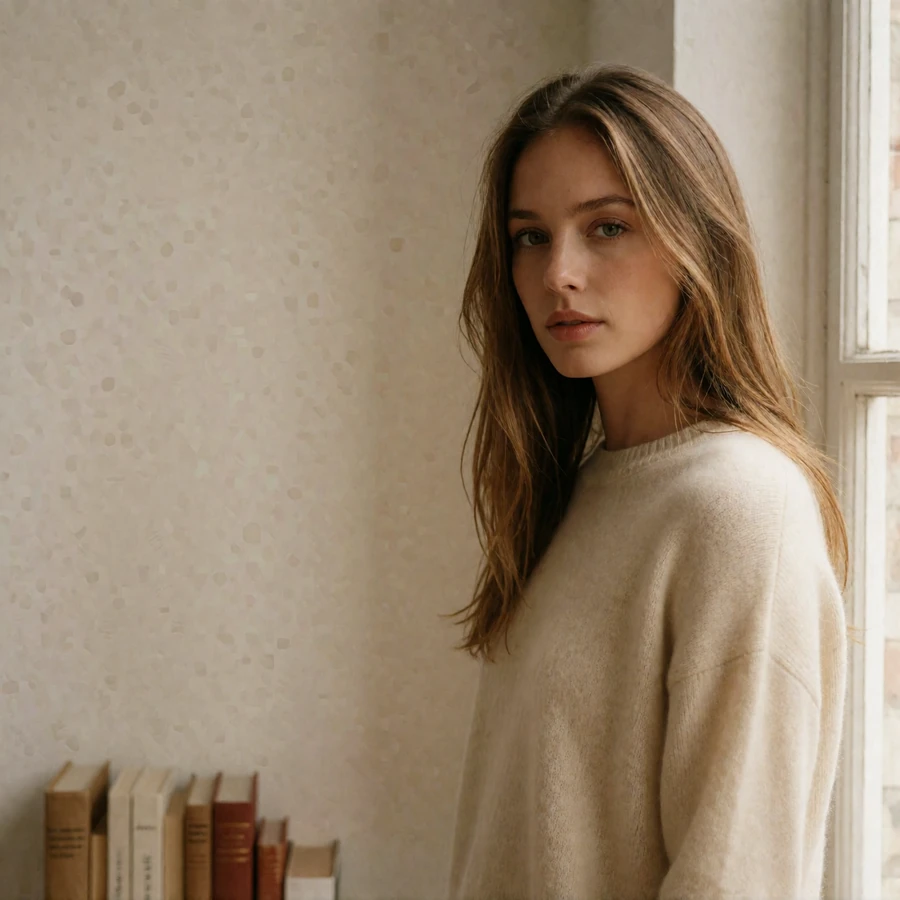 Young woman in a cream sweater beside a sunlit window, an illustrative Indianapolis member profile photo