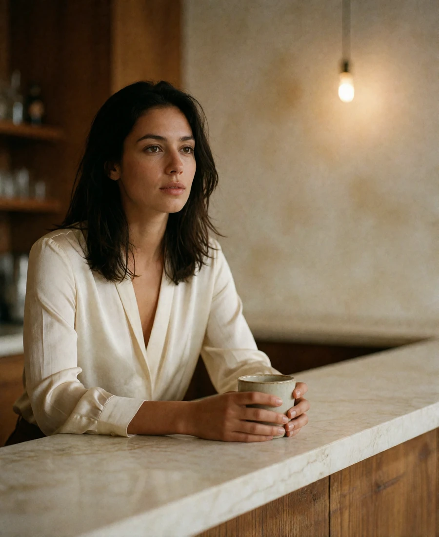 Woman with dark shoulder-length hair sitting at a café counter in Cherry Creek, Denver