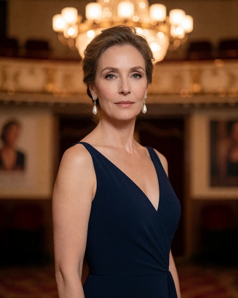 Refined woman in a midnight blue evening gown standing in a softly lit theatre foyer
