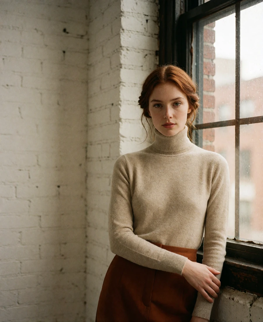 Woman with auburn hair in a low twist standing beside a tall industrial loft window in Denver