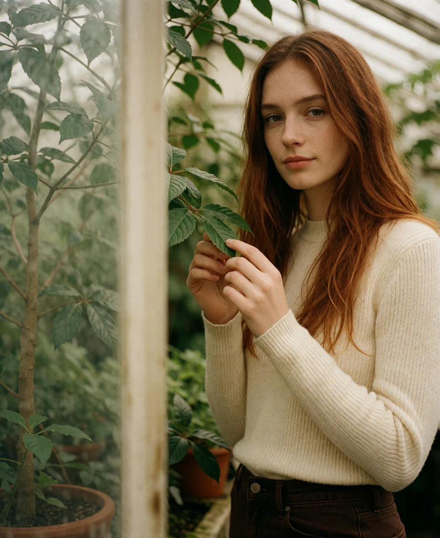 Young woman with copper-brown hair standing among plants inside a glass greenhouse in Portland