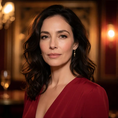 Portrait of a charismatic woman with dark wavy hair in a warmly lit jazz club interior