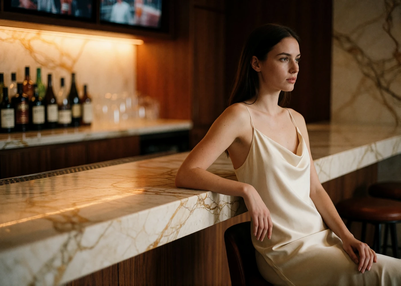 Woman in a cream slip dress seated at a marble bar counter in low amber evening light