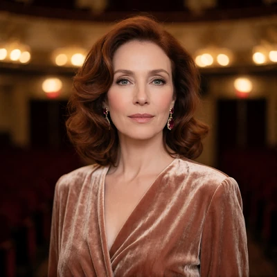 Portrait of an elegant woman with softly waved auburn hair in a jewel-toned velvet wrap