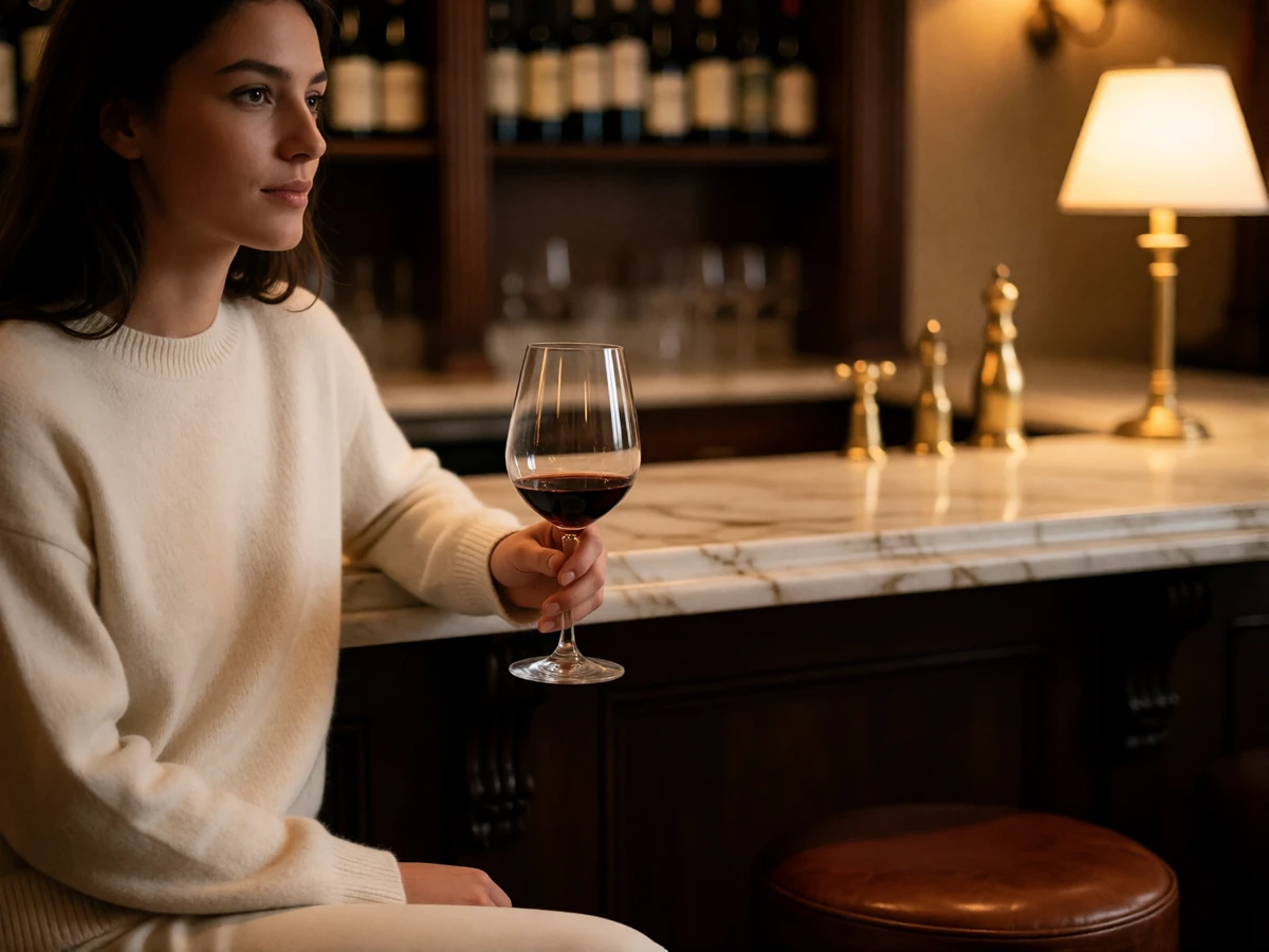 Woman in a cream sweater seated at a marble wine bar counter in Portland during early evening