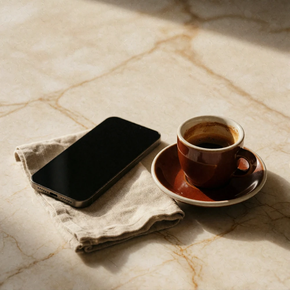 Phone lying face-down beside an espresso cup and folded linen napkin on a marble table in morning light