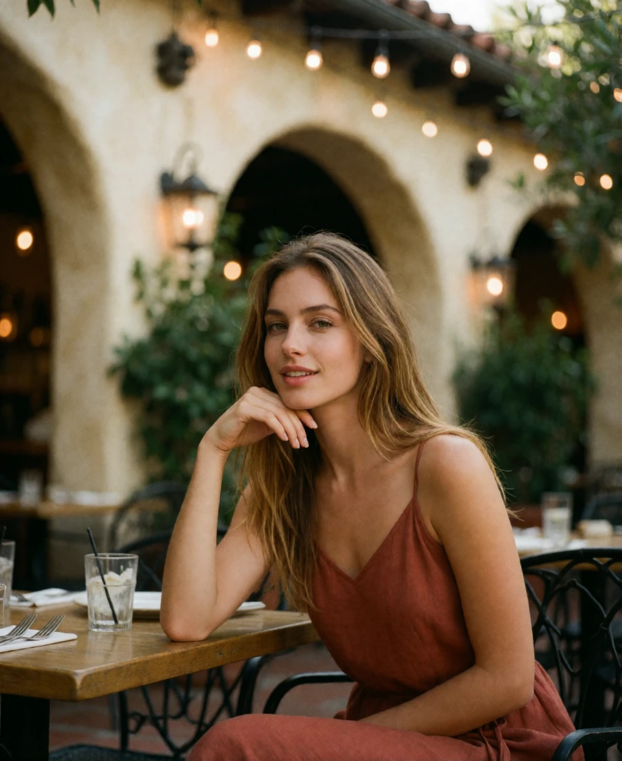 Young woman in a burnt-sienna linen dress seated at a warmly lit outdoor restaurant terrace