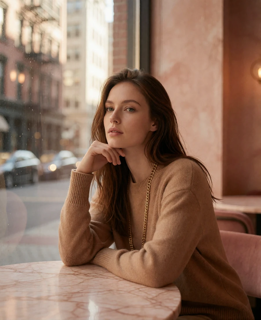 Young woman with long chestnut hair seated at a marble café table beside a window in a downtown loft space
