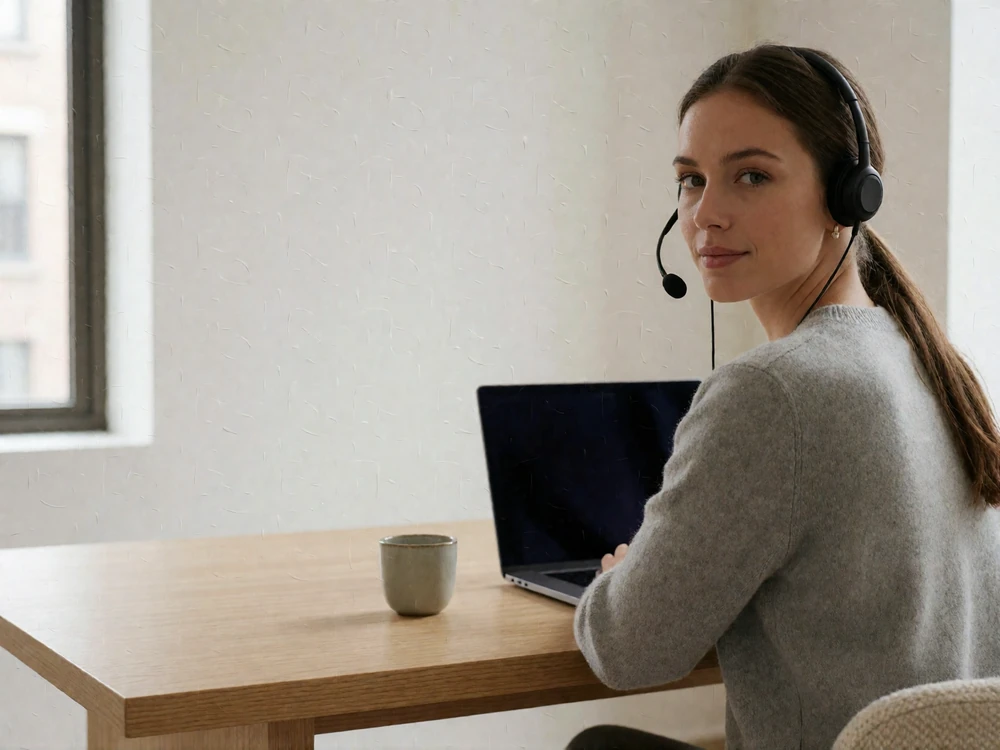 Support specialist wearing a headset working attentively at a minimal pale-oak desk