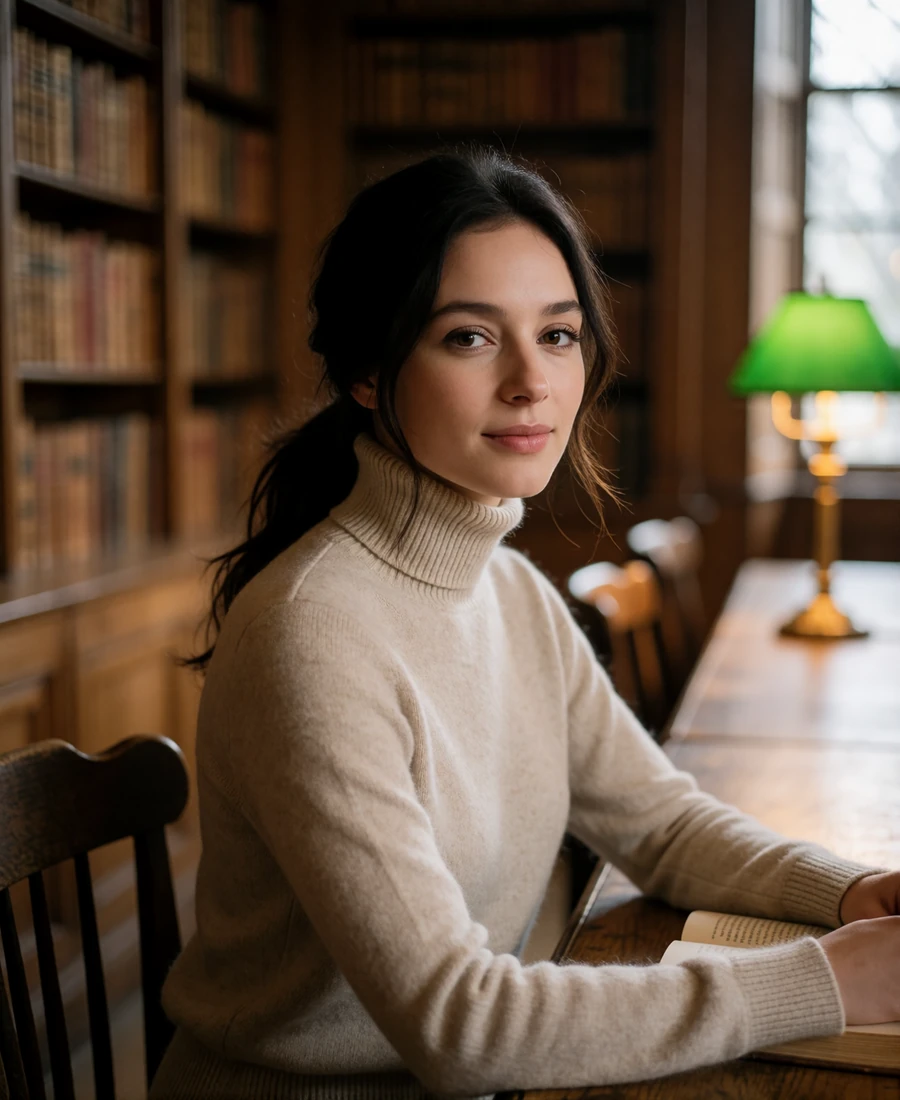 Woman with dark hair in a low ponytail seated at a reading table in a warm wood-panelled Boston library