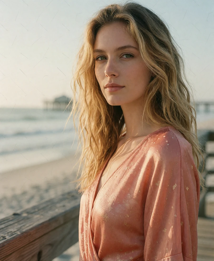 Woman with sun-lightened waves in a coral wrap top on a wooden boardwalk with the San Diego coastline behind her