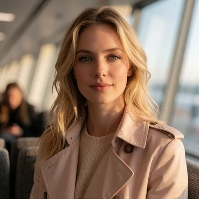 Portrait of a poised blonde woman in a trench coat beside a sunlit lounge window