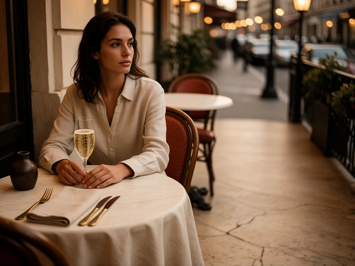 Woman seated alone at a marble bistro table on a warm evening restaurant terrace