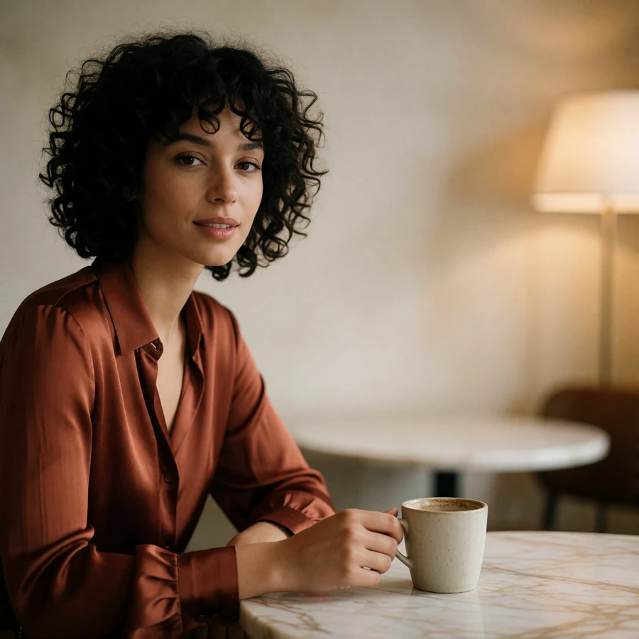 Woman in a rust silk blouse seated at a marble café table, an illustrative Indianapolis member profile photo