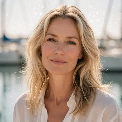 Portrait of a relaxed woman with sun-lightened blonde hair in a white shirt