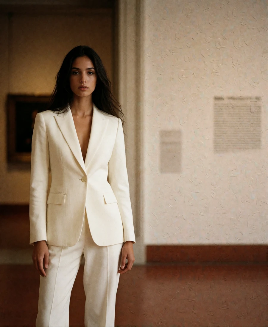 Woman in a tailored cream trouser suit standing in a sunlit museum hall in Houston