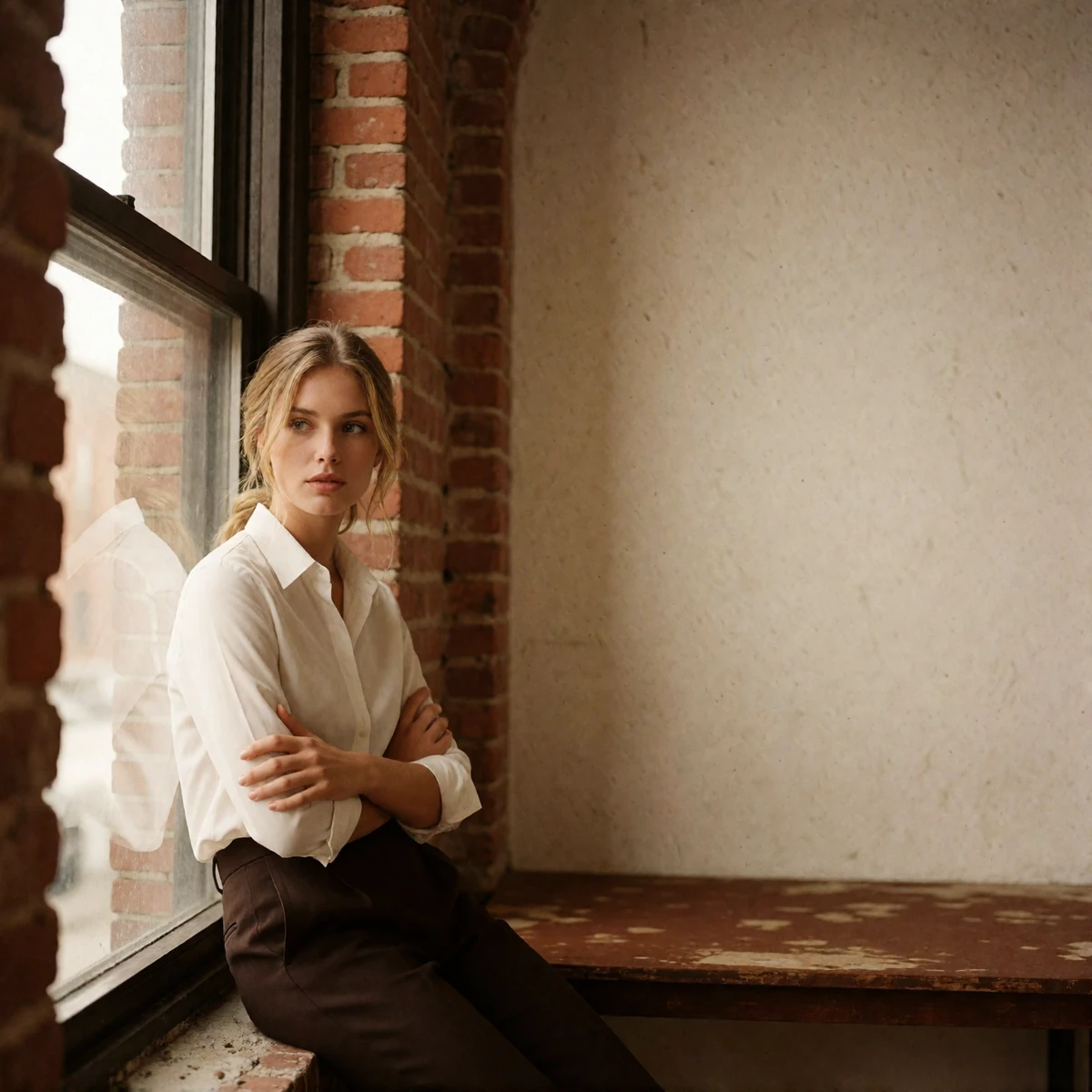 Woman in a white shirt leaning against an arched window in a converted Columbus brick loft