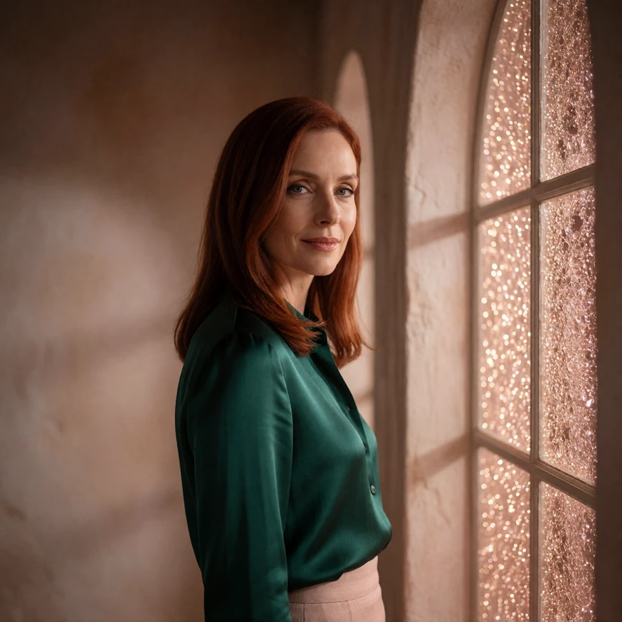 Confident woman in her late thirties in an emerald blouse beside an arched window in a Coral Gables villa