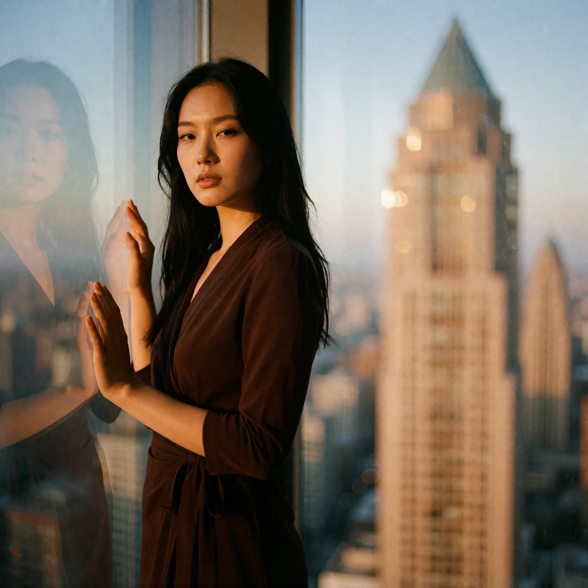 Woman in an espresso wrap dress beside a floor-to-ceiling window overlooking the Houston skyline