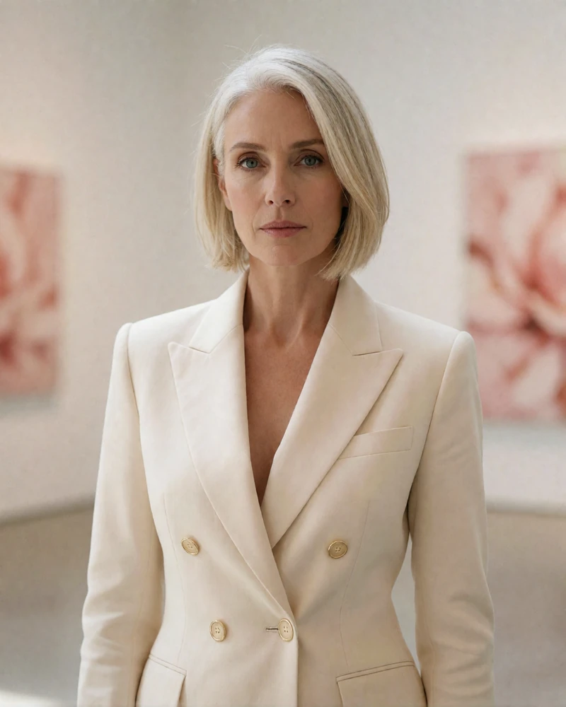 Refined silver-blonde woman in a cream blazer standing in a bright gallery interior
