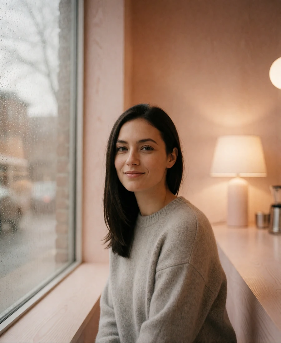 Woman with dark hair in a grey cashmere sweater seated near a window in a minimalist Seattle coffee house