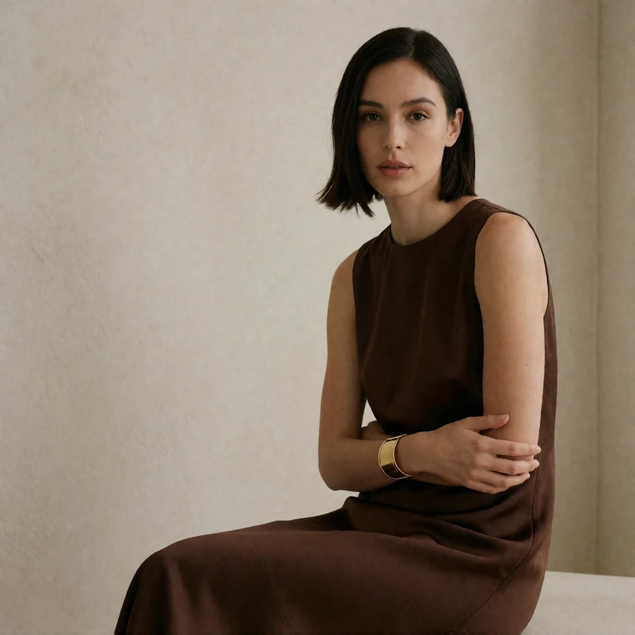 Woman with a dark bob in an espresso-brown dress standing in a minimal Tampa interior