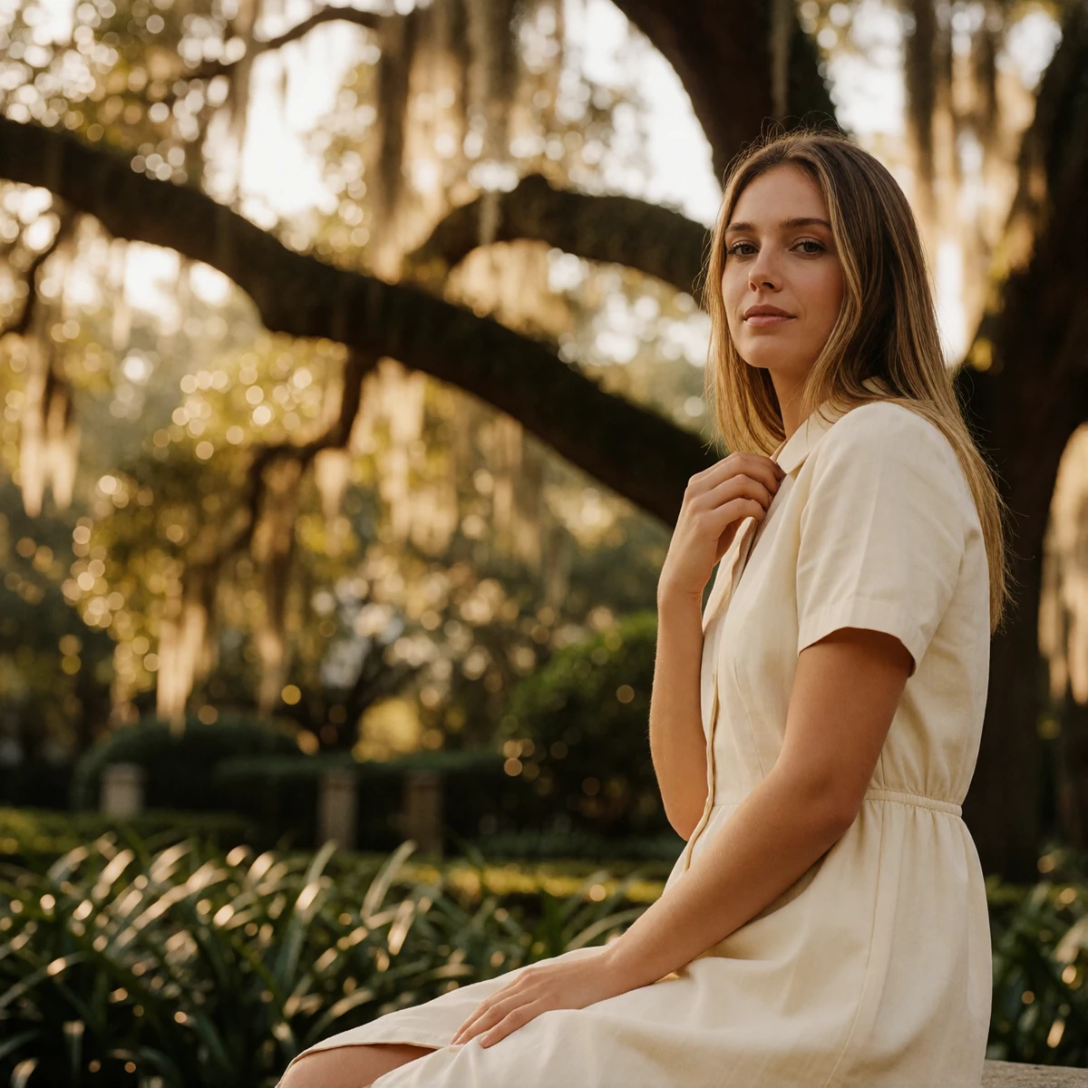 Woman in a cream sundress standing beneath live oaks in a Houston garden district neighborhood