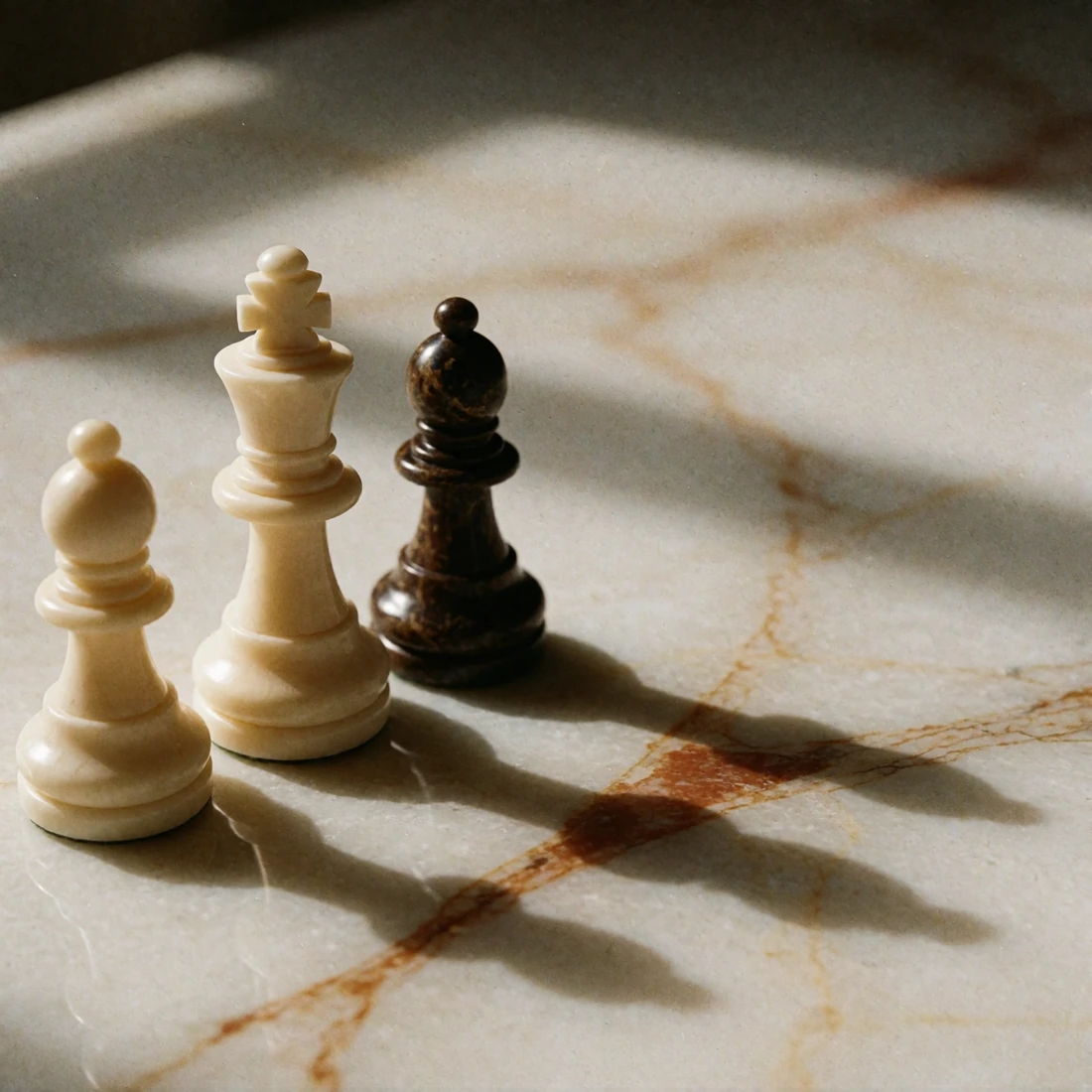 Three pale cream chess pieces and one dark espresso piece standing in a loose line on warm alabaster marble with long shadows